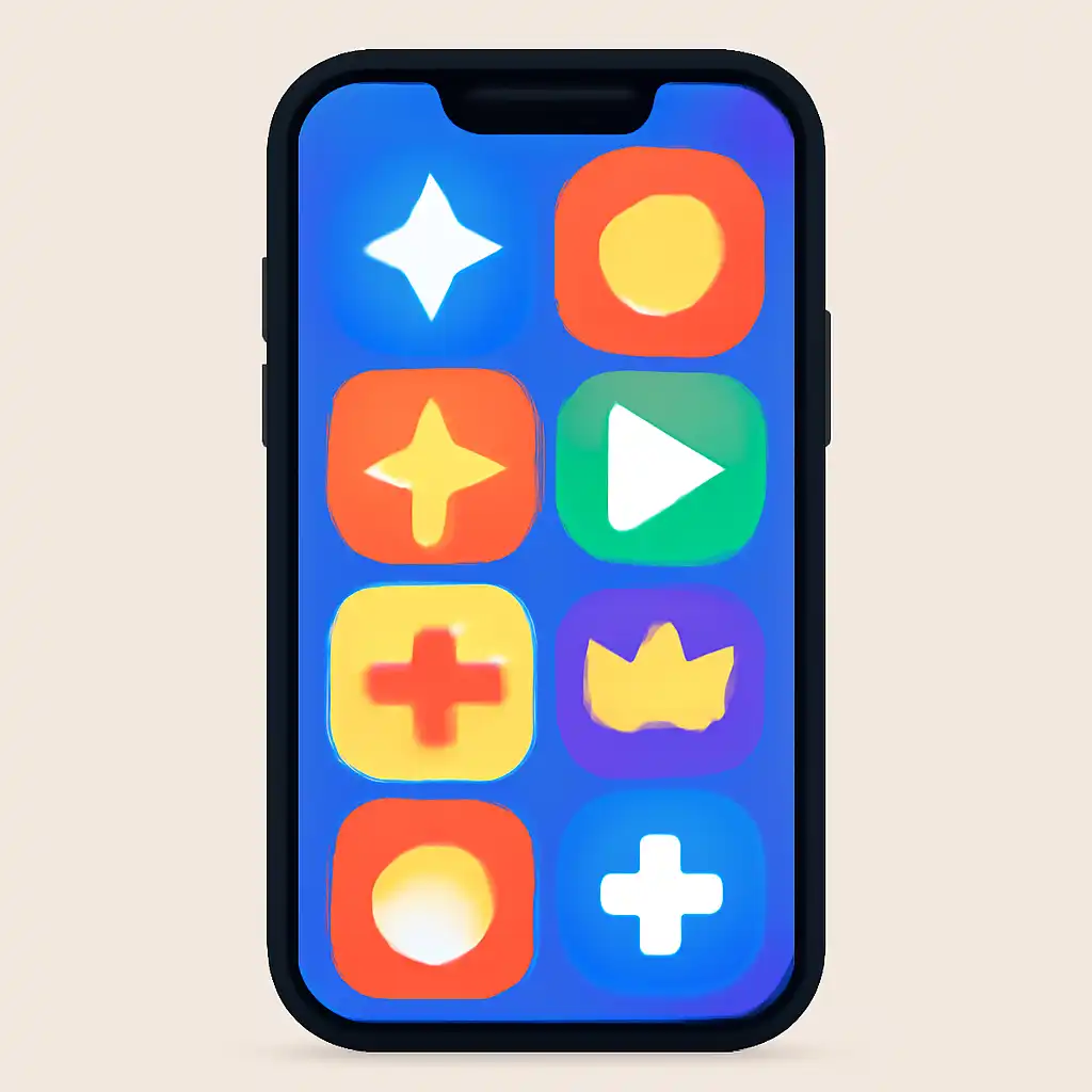 Smartphone shown from the front displaying a colourful flat layout of abstract game icons and rounded tiles (no text, no letters, no labels), Nagaland State Lottery