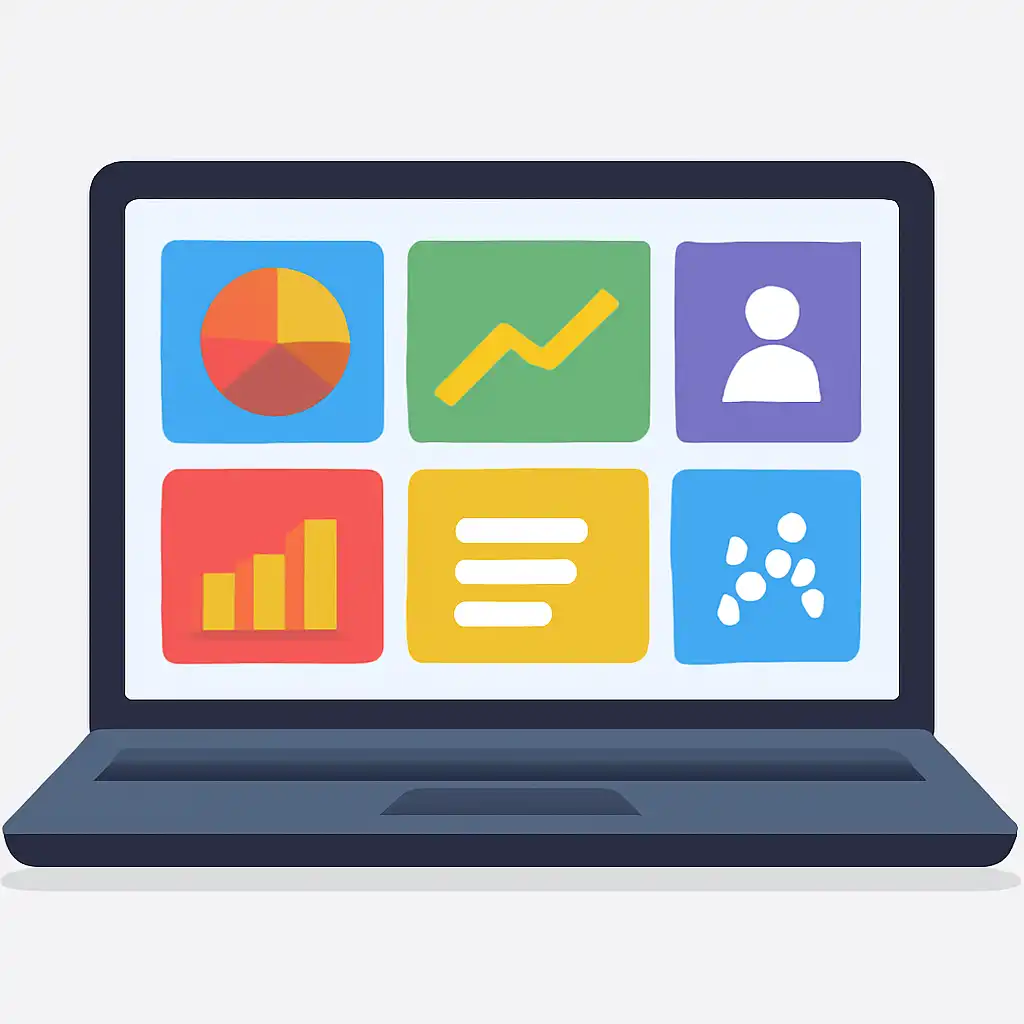 Laptop shown from the front displaying a colourful flat dashboard of abstract charts, bars and icon tiles (no text, no letters, no labels), Nagaland State Lottery