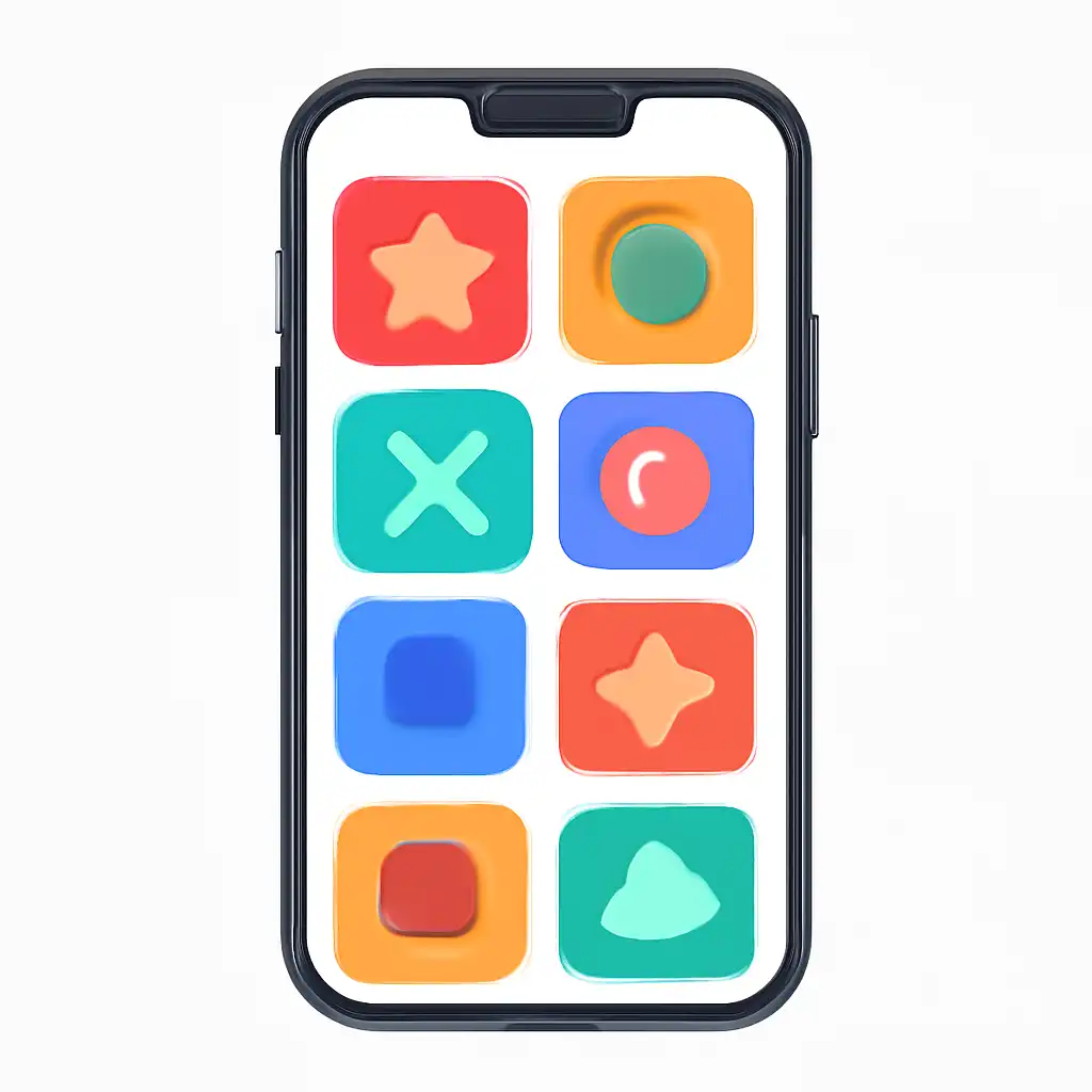 Smartphone shown from the front displaying a colourful flat layout of abstract game icons and rounded tiles (no text, no letters, no labels), Nagaland State Lottery