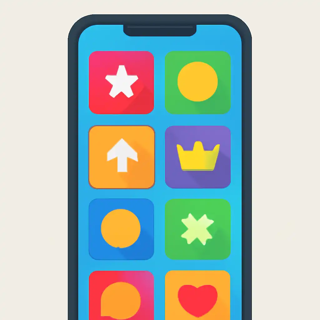 Smartphone shown from the front displaying a colourful flat layout of abstract game icons and rounded tiles, Nagaland State