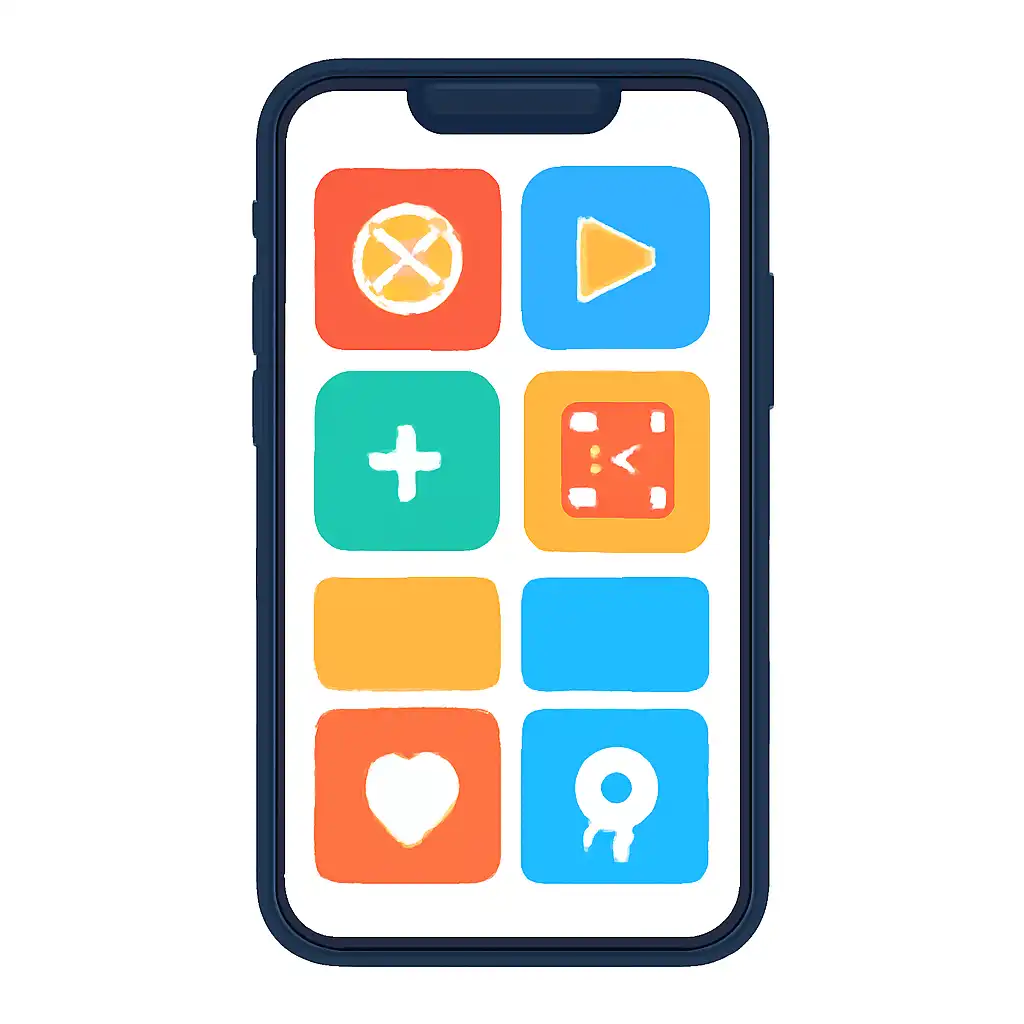 Smartphone shown from the front displaying a colourful flat layout of abstract game icons and rounded tiles, How the