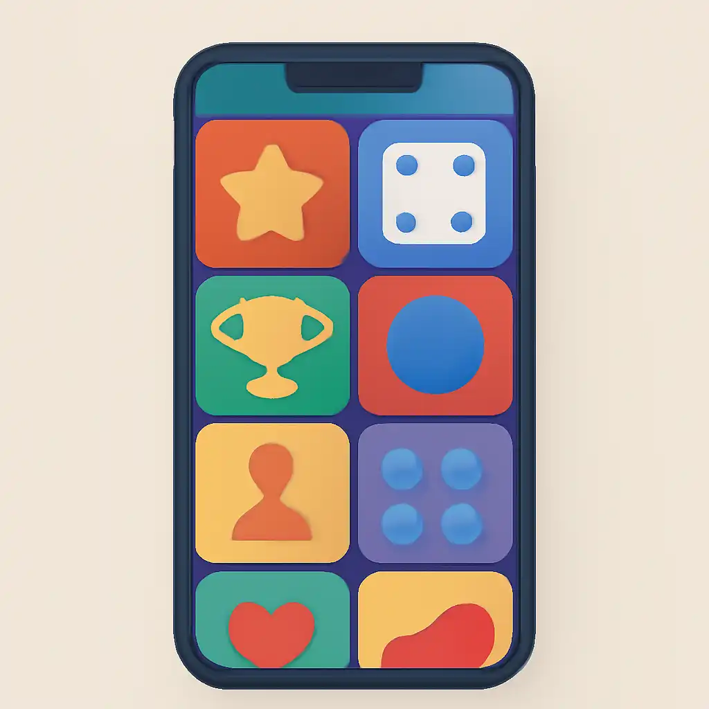 Smartphone shown from the front displaying a colourful flat layout of abstract game icons and rounded tiles, Old Results