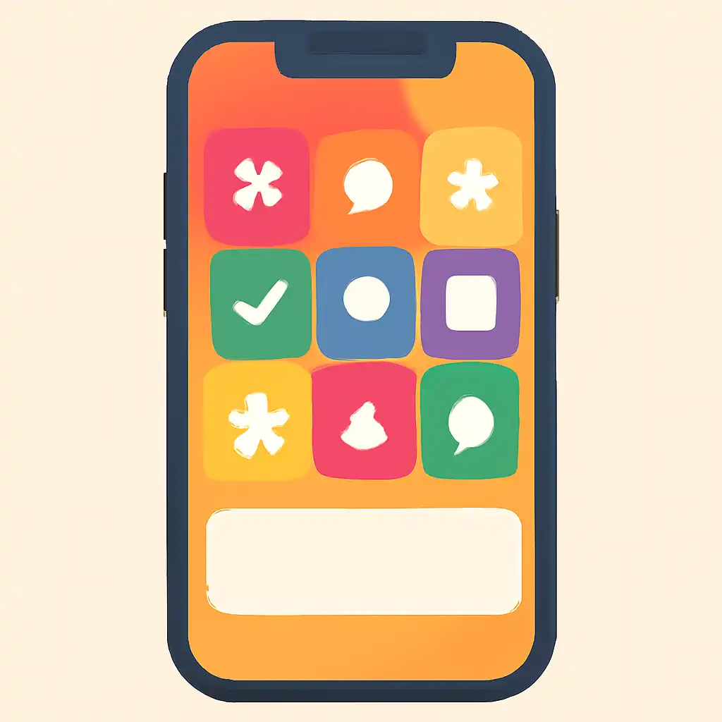 Smartphone shown from the front displaying a colourful flat layout of abstract game icons and rounded tiles, Checking a