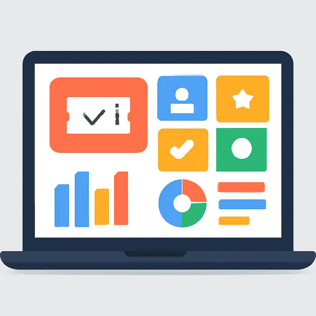 Laptop shown from the front displaying a colourful flat dashboard of abstract charts, bars and icon tiles, Checking a