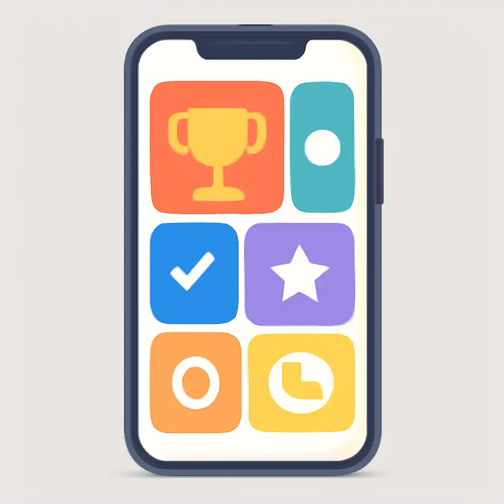 Smartphone shown from the front displaying a colourful flat layout of abstract game icons and rounded tiles, Prize Tiers