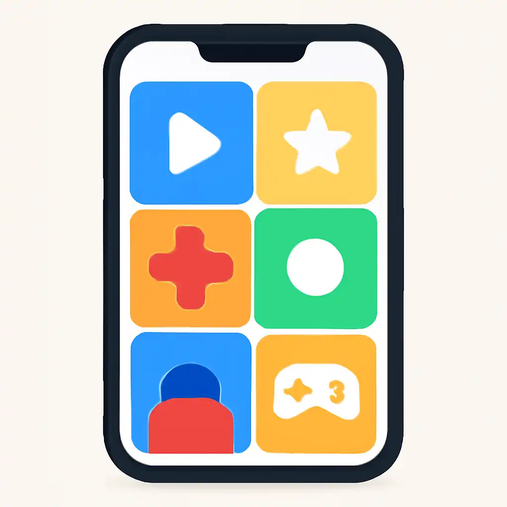 Smartphone shown from the front displaying a colourful flat layout of abstract game icons and rounded tiles, Today's