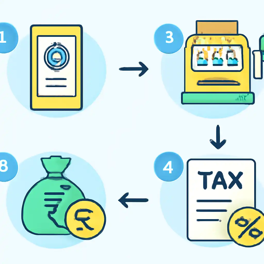 Annotated step diagram: tax on winnings process with numbered callouts, Nagaland State Lottery